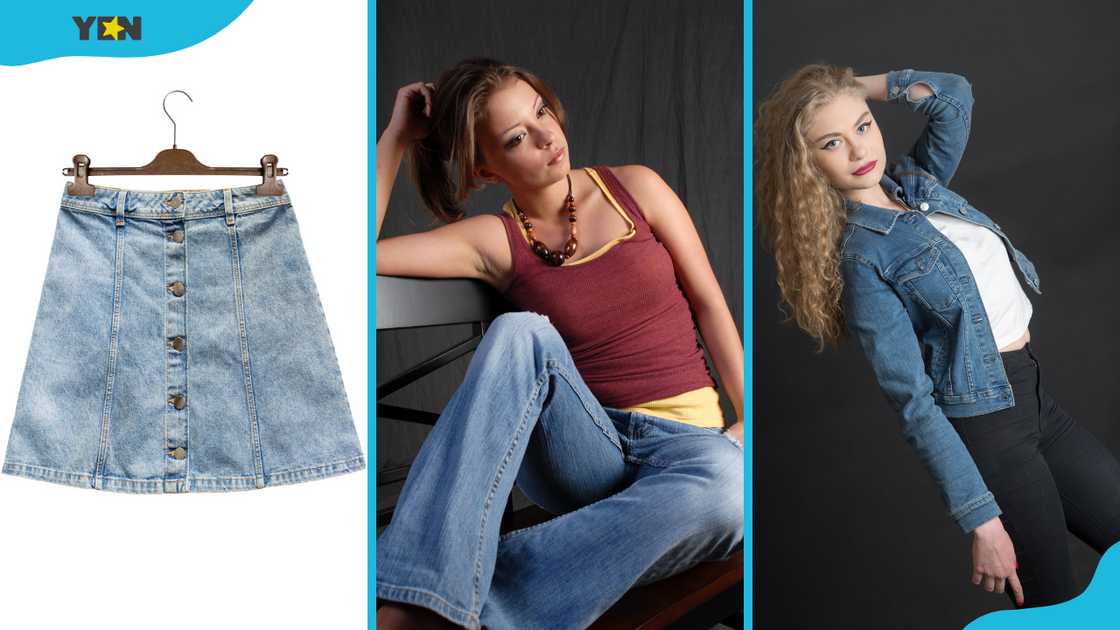 Denim jeans outfit; skirt, trousers, jackets Denim jeans outfit; skirt, trousers, jackets