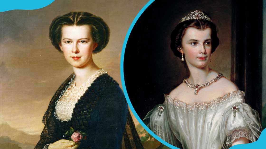 Empress Elisabeth of Austria in a black (L) and white gown (R). Empress Elisabeth of Austria in a black (L) and white gown (R).