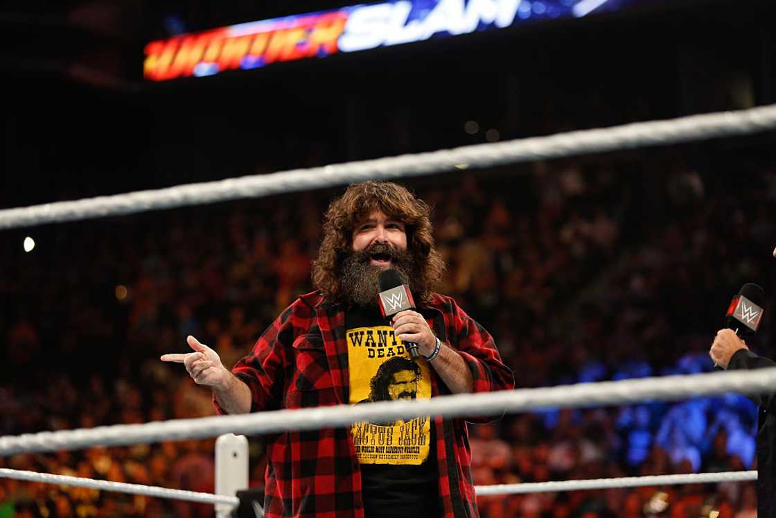 Mick Foley addresses an audience at WWE SummerSlam 2015 at Barclays Center of Brooklyn Mick Foley addresses an audience at WWE SummerSlam 2015 at Barclays Center of Brooklyn