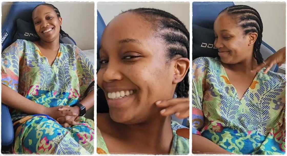 Husband praises his wife for braiding her hair all-back.