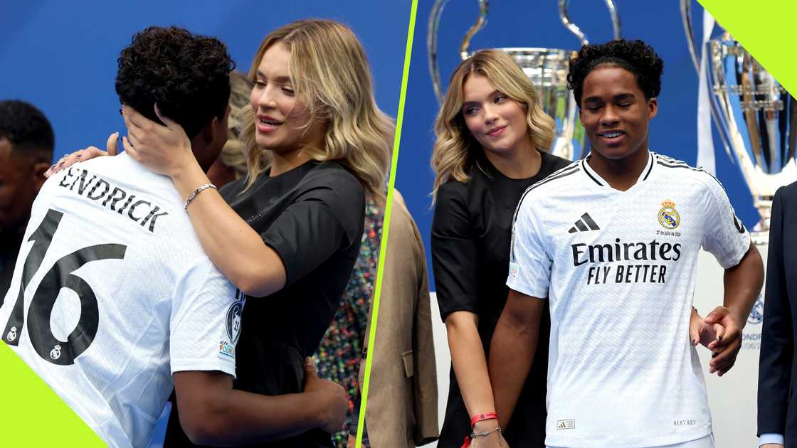 Real Madrid newboy, Endrick Felipe, and his girlfriend, Gabriely Miranda, enjoyed a loved-up moment at his official presentation. Real Madrid newboy, Endrick Felipe, and his girlfriend, Gabriely Miranda, enjoyed a loved-up moment at his official presentation.