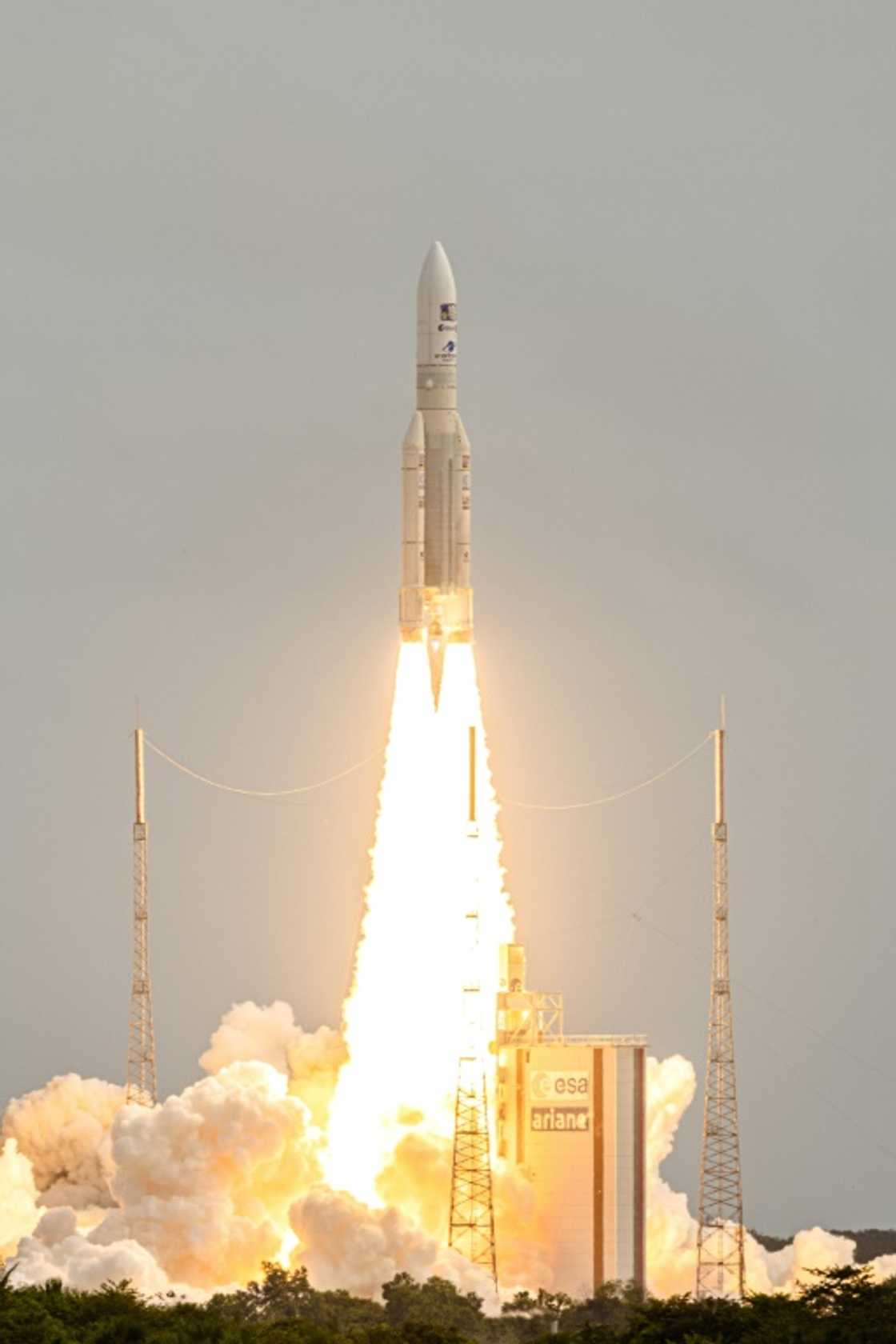 The European Space Agency's JUICE probe blasts into space on April 14, 2023 aboard an Ariane 5 rocket from Europe's spaceport in Kourou, French Guiana, on a mission to explore Jupiter's icy moons The European Space Agency's JUICE probe blasts into space on April 14, 2023 aboard an Ariane 5 rocket from Europe's spaceport in Kourou, French Guiana, on a mission to explore Jupiter's icy moons