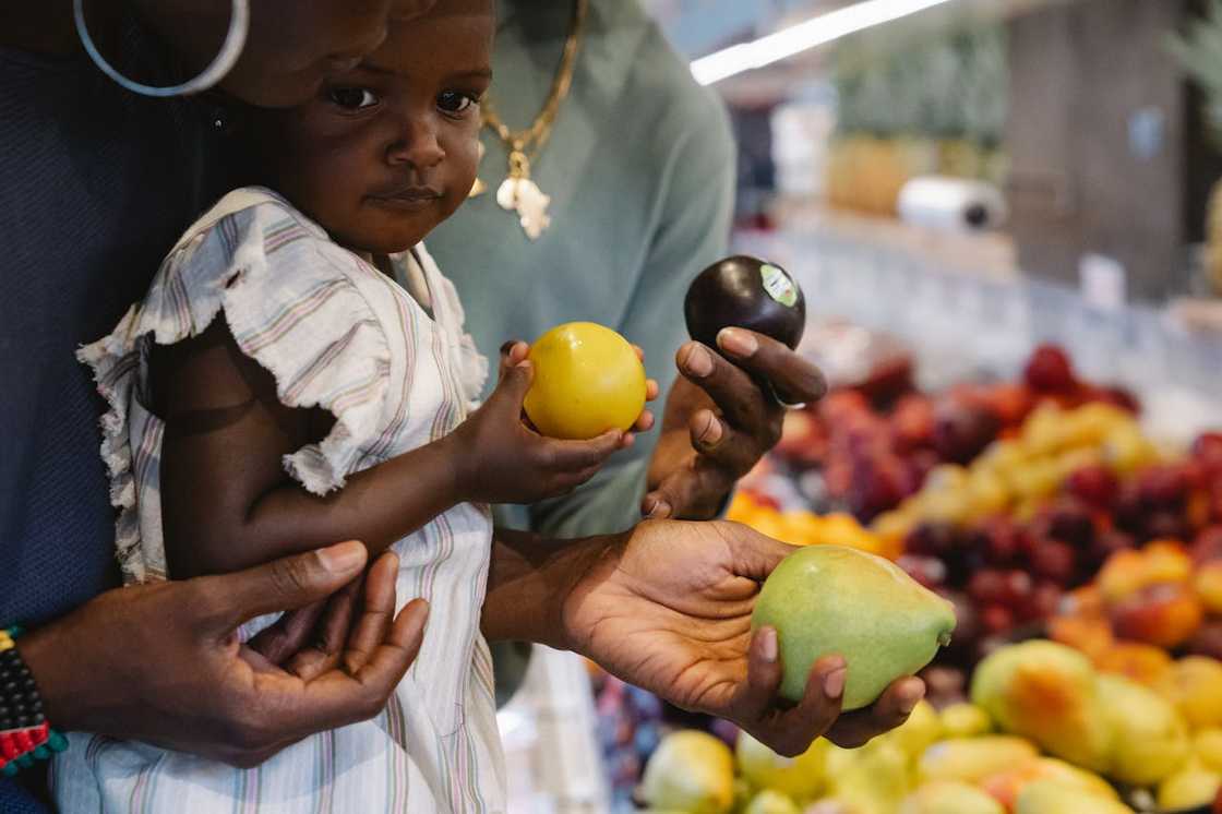 An adult holds a baby while comparing fresh fruit. An adult holds a baby while comparing fresh fruit.