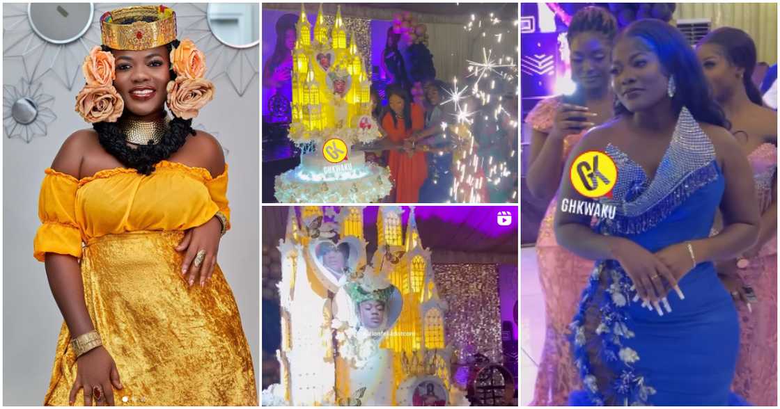 Photos of Asantewaa and her mansion-themed cake.