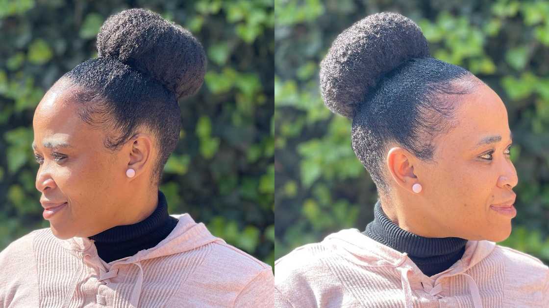 A lady showing off her Medium-sized Afro kinky high bun A lady showing off her Medium-sized Afro kinky high bun