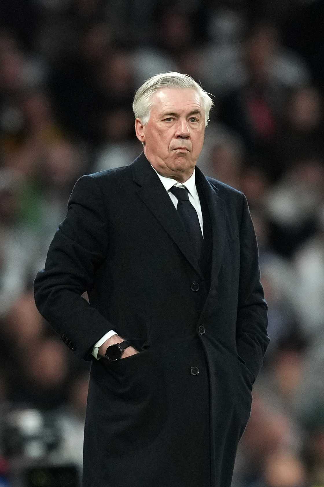 Carlo Ancelotti of Real Madrid, looks on during the UEFA Champions League 2024/25 Quarter Final Second Leg match between Real Madrid C.F. and Arsenal FC at Estadio Santiago Bernabeu on April 16, 2025 in Madrid, Spain Carlo Ancelotti of Real Madrid, looks on during the UEFA Champions League 2024/25 Quarter Final Second Leg match between Real Madrid C.F. and Arsenal FC at Estadio Santiago Bernabeu on April 16, 2025 in Madrid, Spain