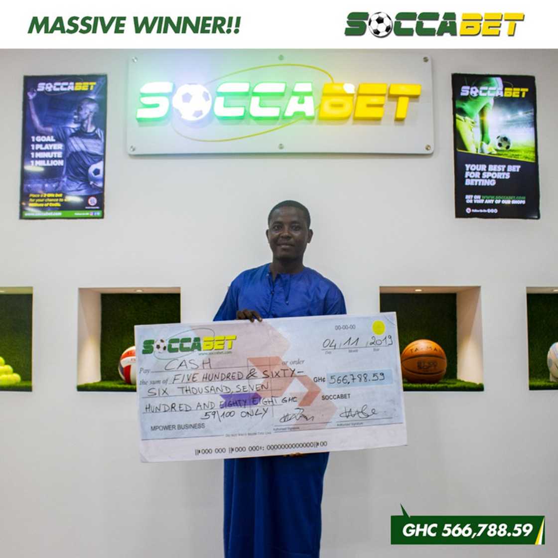 Soccabet pays GH¢ 566,788.59 to Ghanaian man after he wins bet worth GH¢150 Soccabet pays GH¢ 566,788.59 to Ghanaian man after he wins bet worth GH¢150