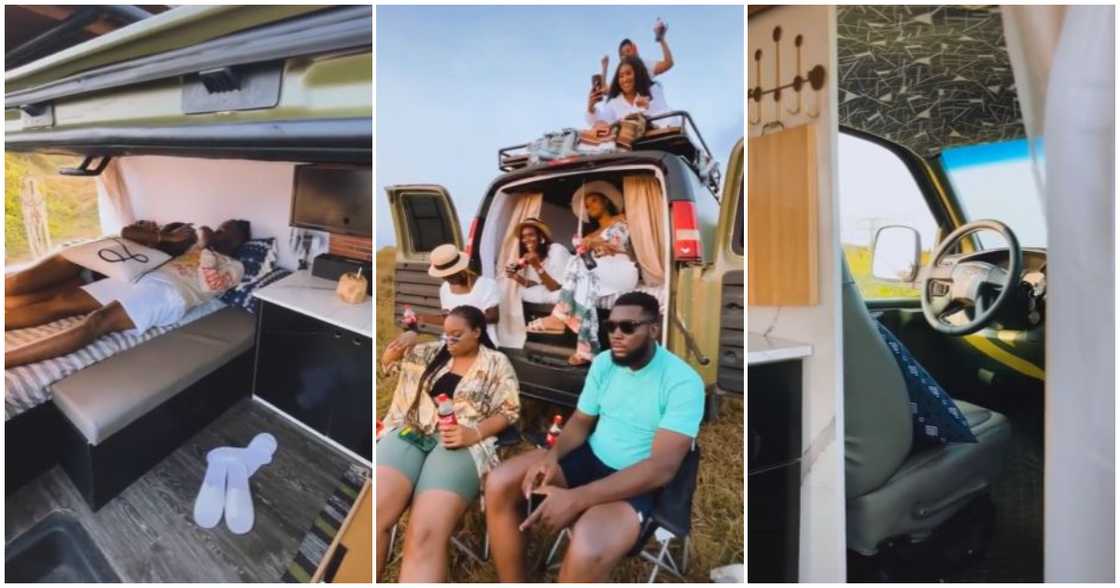 A group of friends and a mobile home A group of friends and a mobile home