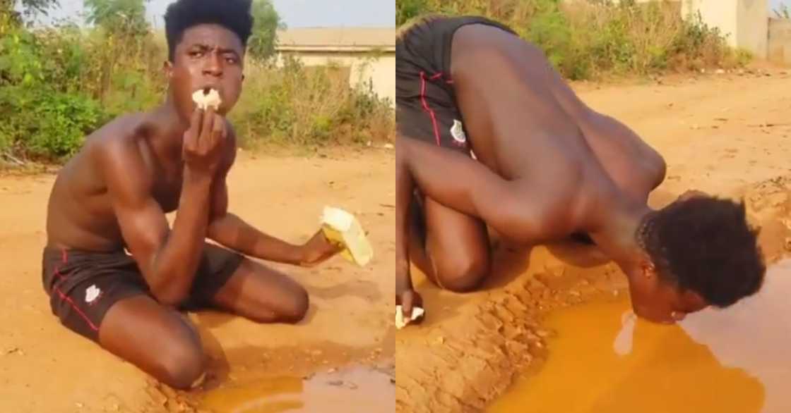 Man spotted taking bread with polluted water as 'tea'; Ghanaians can't keep calm Man spotted taking bread with polluted water as 'tea'; Ghanaians can't keep calm