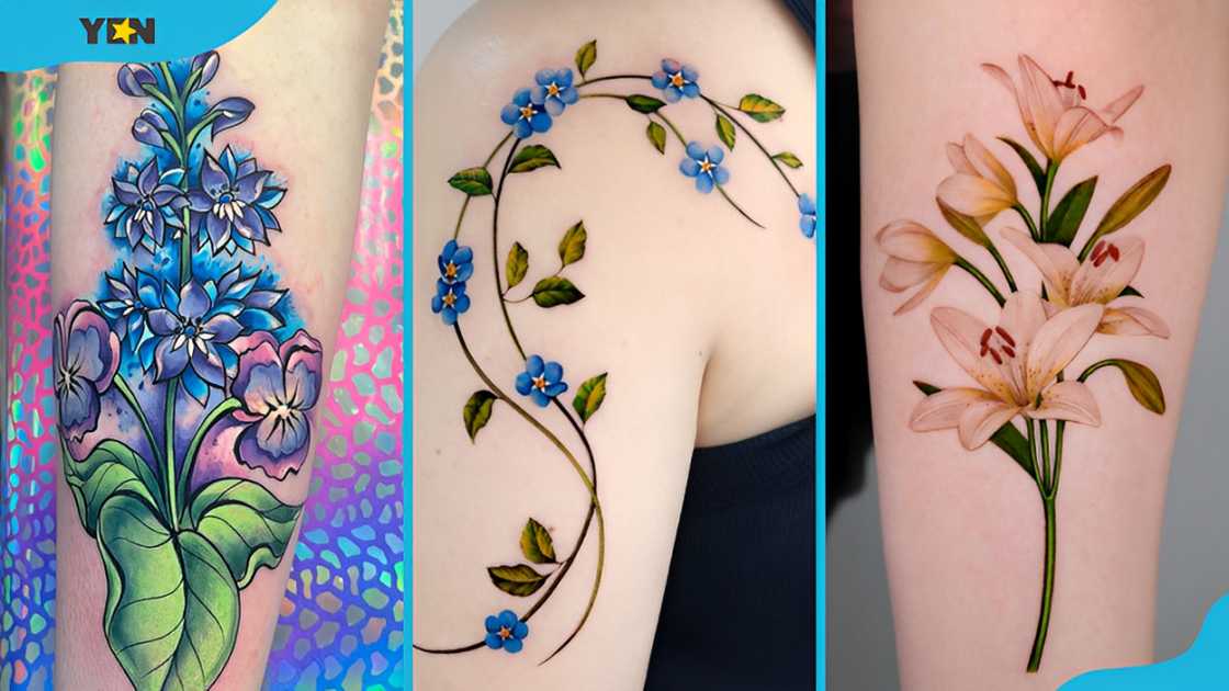 Larkspur tattoo (L), Forget-me-not (M) and Lily flower tattoos