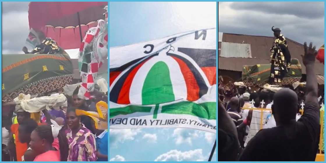 Ghanaian chief shows his party allegiance as he waves NDC's flag during a funeral possession. Ghanaian chief shows his party allegiance as he waves NDC's flag during a funeral possession.