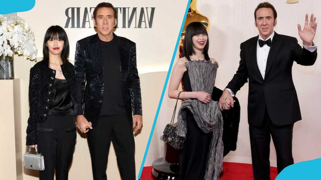 Riko and Cage wearing black, white, and grey to red carpet events