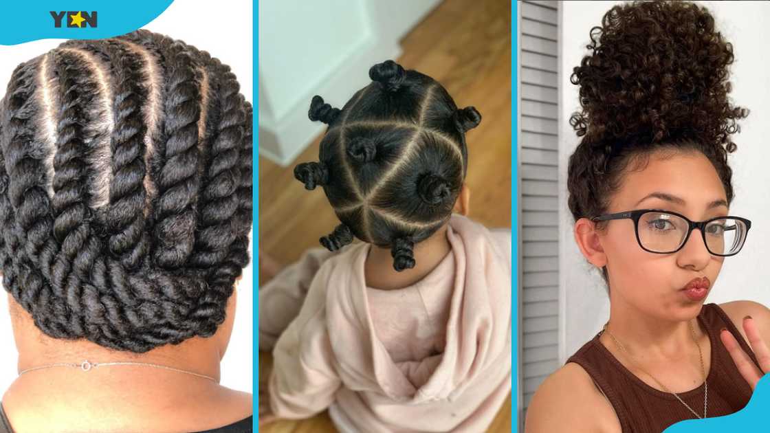 Flat twists, Bantu knots, and pineapple updos designs