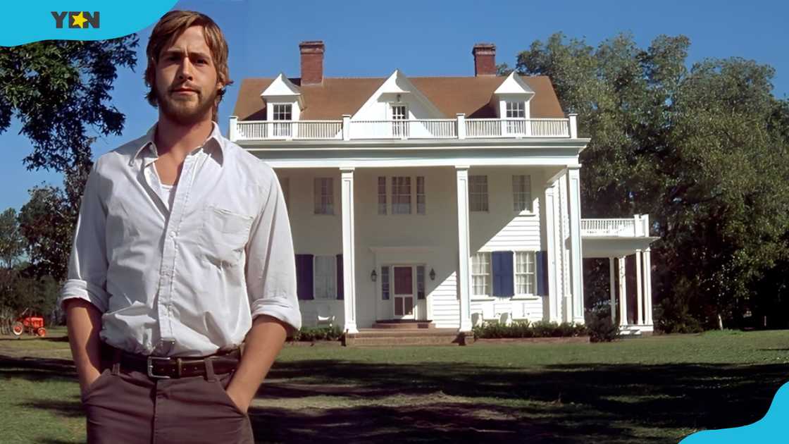 Actor Ryan Gosling as Noah Calhoun poses in front of The Notebook house. Actor Ryan Gosling as Noah Calhoun poses in front of The Notebook house.
