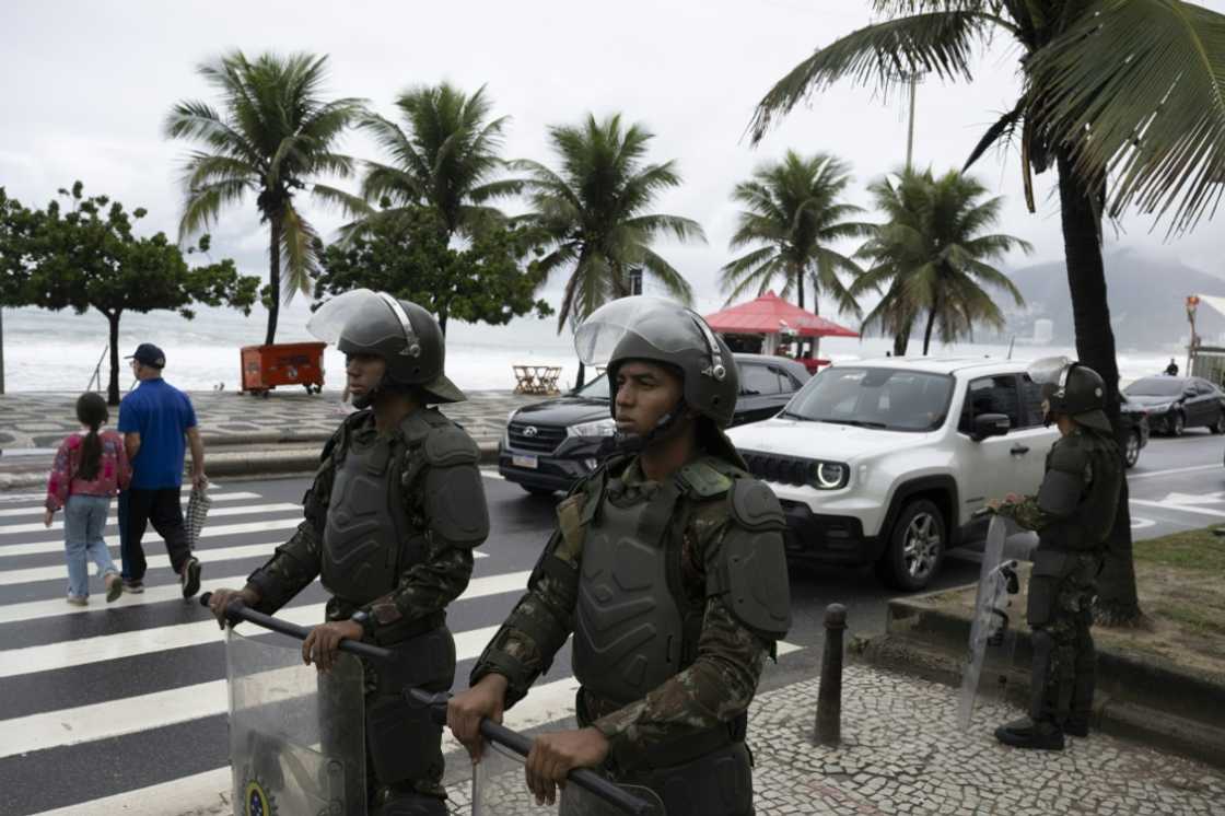 Brazilian soldiers patrol Ipanema beach during security operations ahead of the 2025 BRICS summit, in Rio de Janeiro on July 3, 2025 Brazilian soldiers patrol Ipanema beach during security operations ahead of the 2025 BRICS summit, in Rio de Janeiro on July 3, 2025