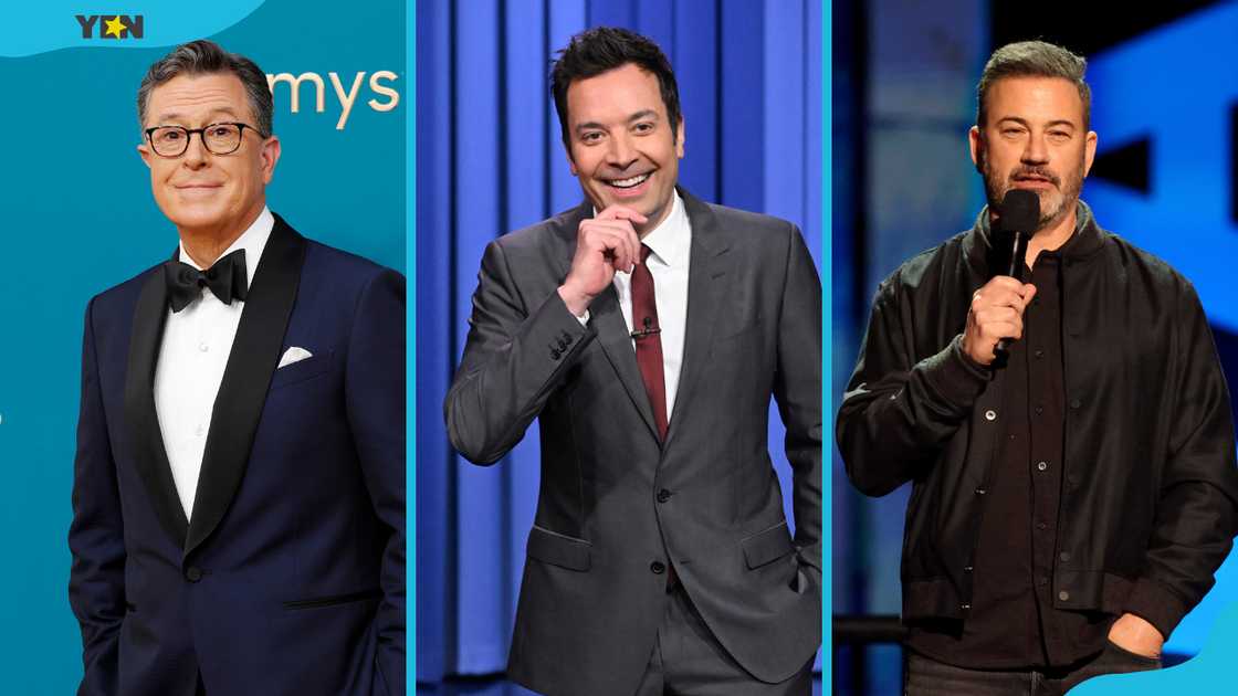 Late-night TV hosts Stephen Colbert (L), Jimmy Fallon (C), Jimmy Kimmel (R) Late-night TV hosts Stephen Colbert (L), Jimmy Fallon (C), Jimmy Kimmel (R)