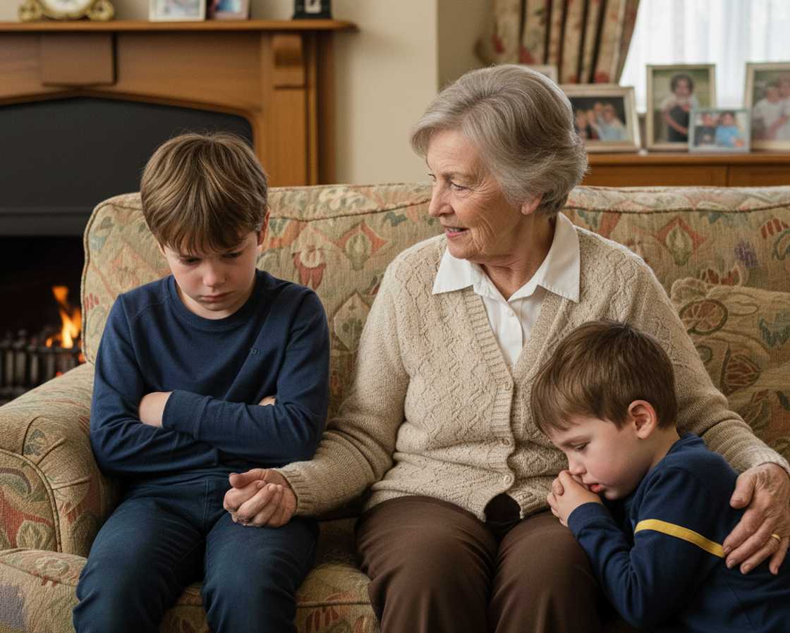 An elderly woman comforting two boys. An elderly woman comforting two boys.