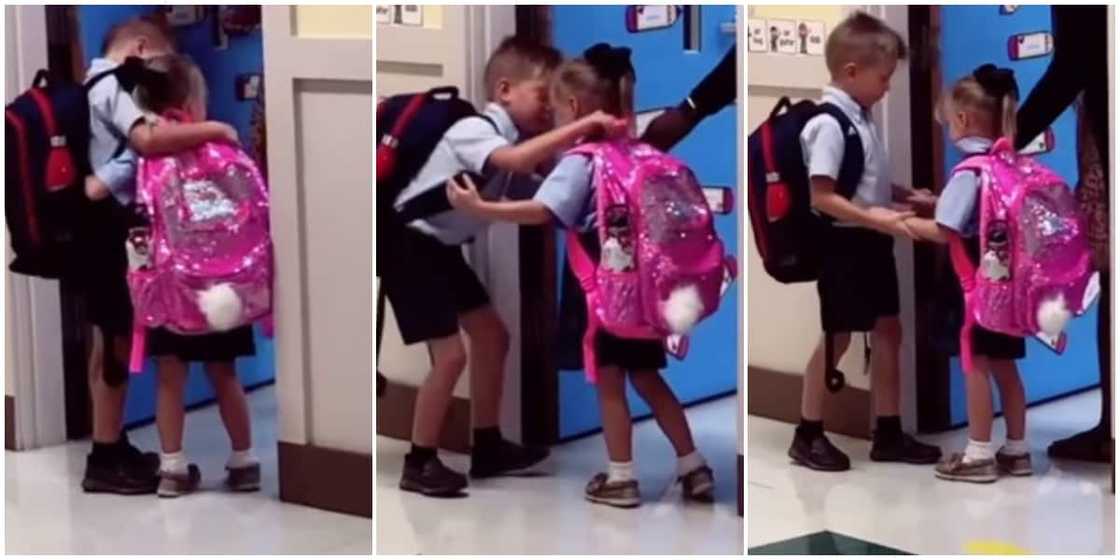 Reactions as little boy hugs nervous little sister to calm her as their mum dropped them off at school Reactions as little boy hugs nervous little sister to calm her as their mum dropped them off at school