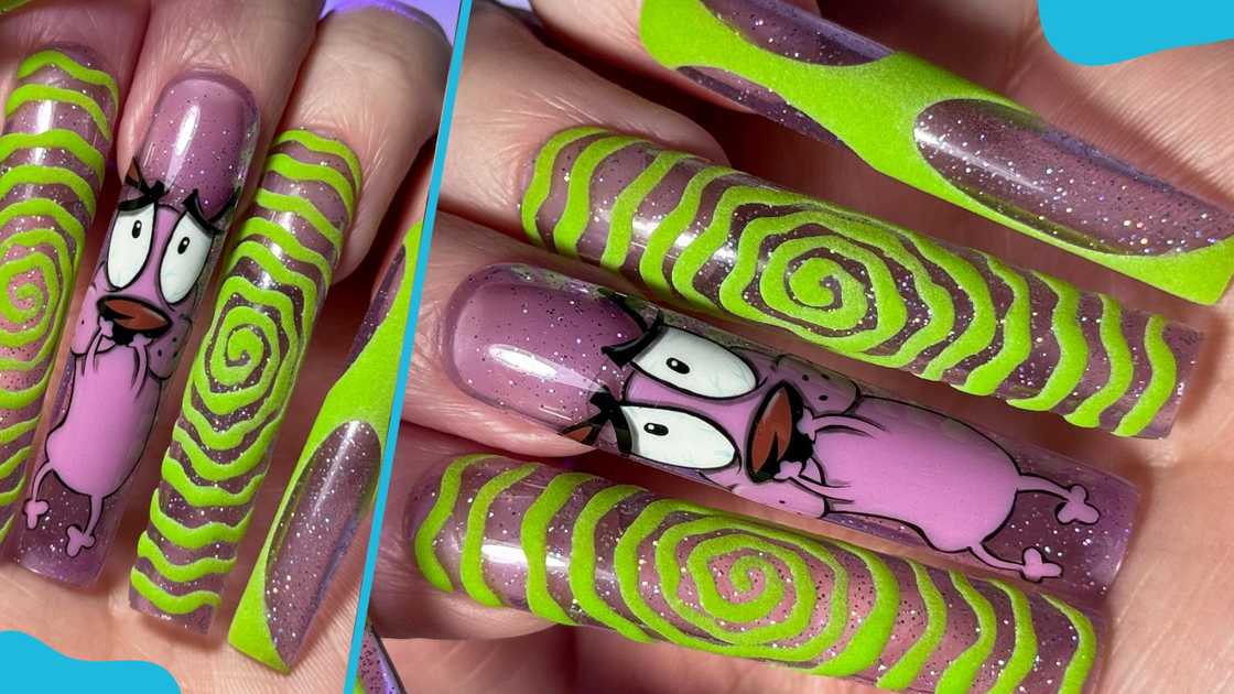 Cartoon theme green nail design Cartoon theme green nail design