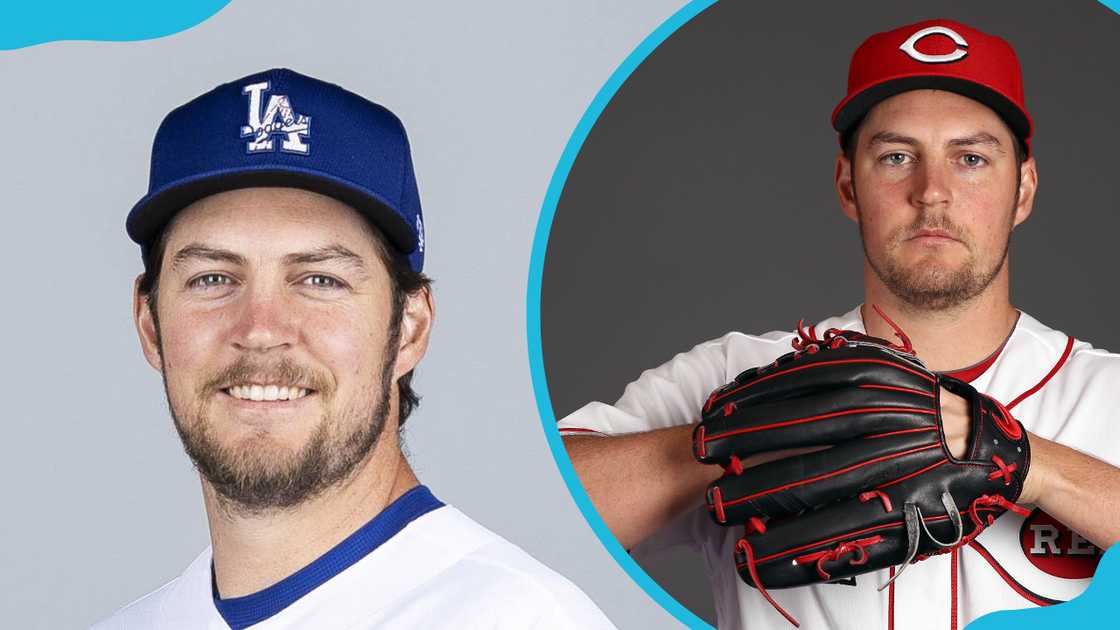 Trevor Bauer of Los Angeles Dodgers poses during Photo Day (L). He poses during Cincinnati Reds (R)