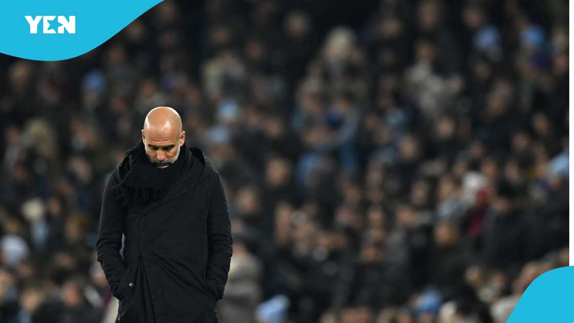 Manchester City manager Pep Guardiola disappointed after the 2024/25 UEFA Champions League League knockout Play-off first leg defeat to Real Madrid at Etihad Stadium on February 11, 2025