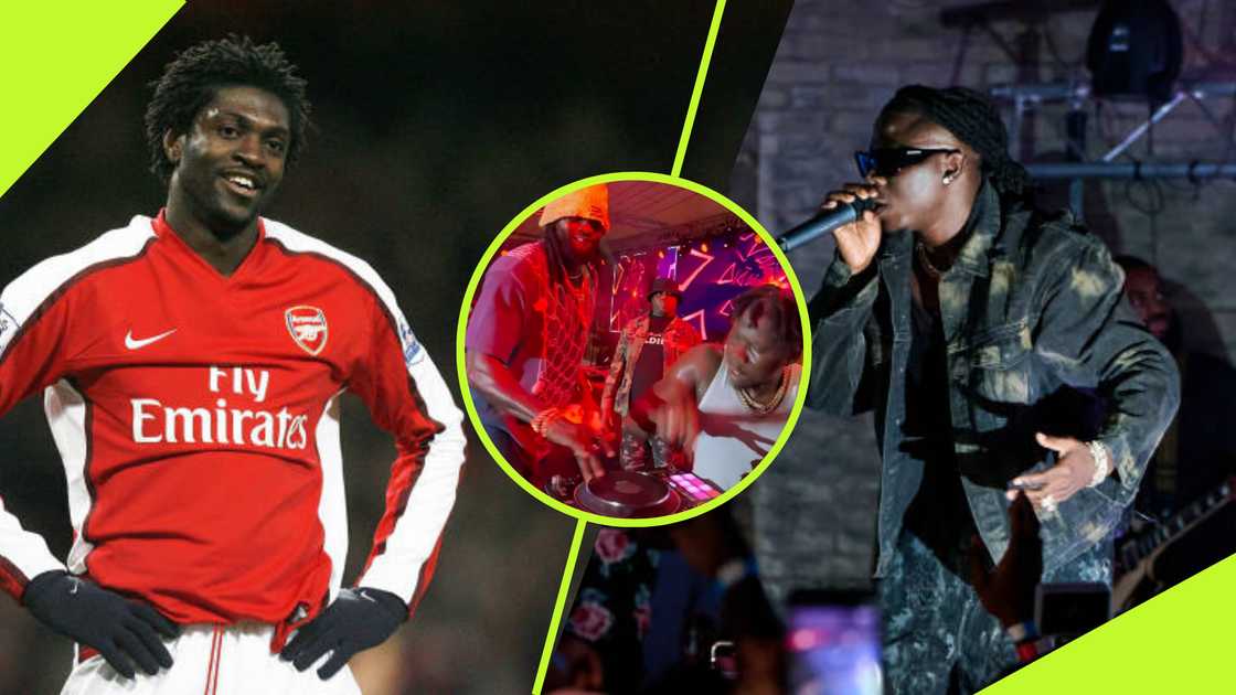 Emmanuel Adebayor and Stonebwoy on stage.