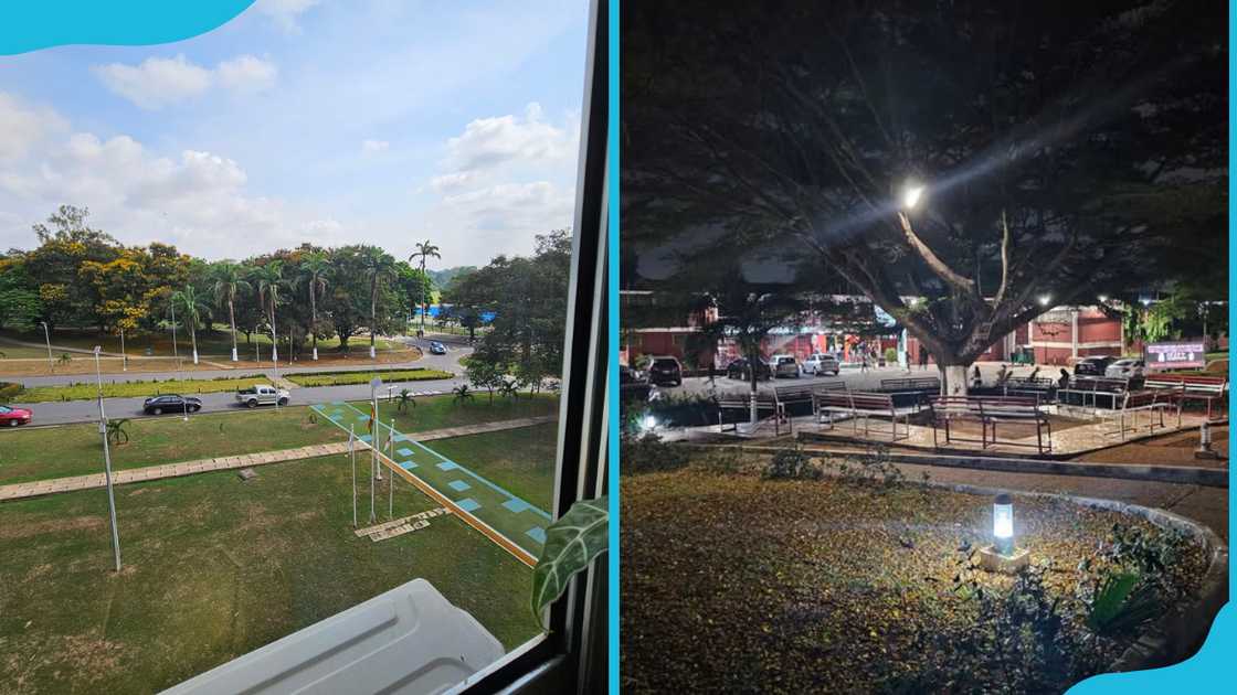 KNUST campus through the administration block windows and at night after rains. KNUST campus through the administration block windows and at night after rains.
