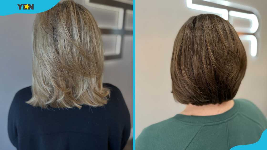 Golden blonde straight butterfly haircut (L). Warm brown straight butterfly haircut (R) Golden blonde straight butterfly haircut (L). Warm brown straight butterfly haircut (R)