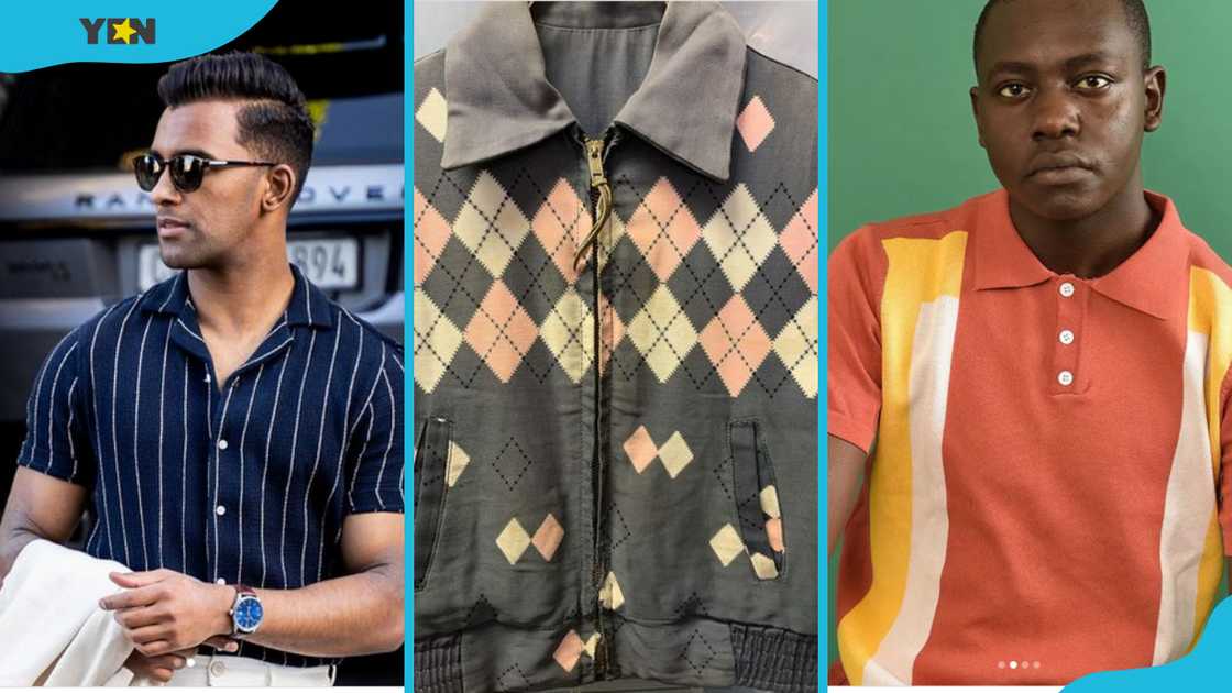 Cuban collar T-shirt (L), blouson jacket (C), and Knitted polos design (R) Cuban collar T-shirt (L), blouson jacket (C), and Knitted polos design (R)