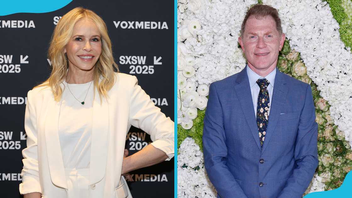 Chelsea Handler poses in white (L). Bobby Flay in a blue suit (R). Chelsea Handler poses in white (L). Bobby Flay in a blue suit (R).