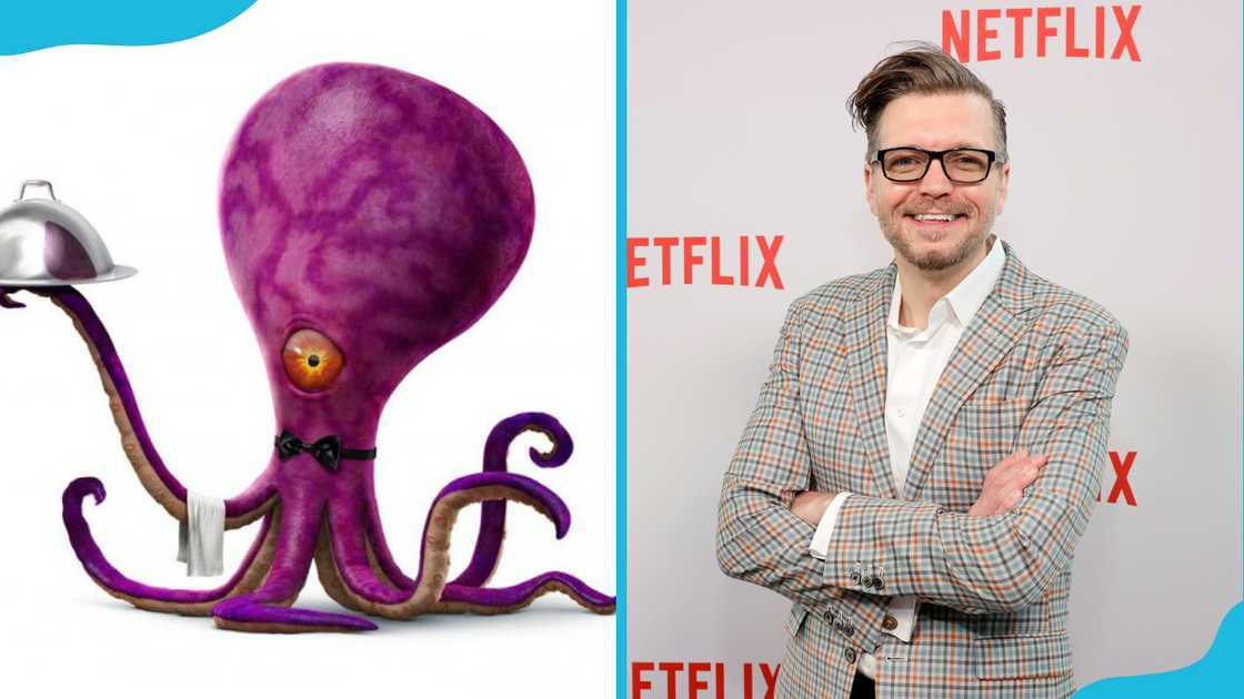 Lefty, the one-eyed octopus (L). His voice actor, Nathan Greno (R)