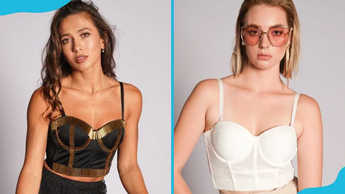 Two women in black and white bustier tops. Two women in black and white bustier tops.