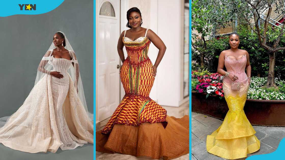 Cream gown with crystals and pearls (L), traditional Kente gown (C), beaded pink and gold gown (R) Cream gown with crystals and pearls (L), traditional Kente gown (C), beaded pink and gold gown (R)