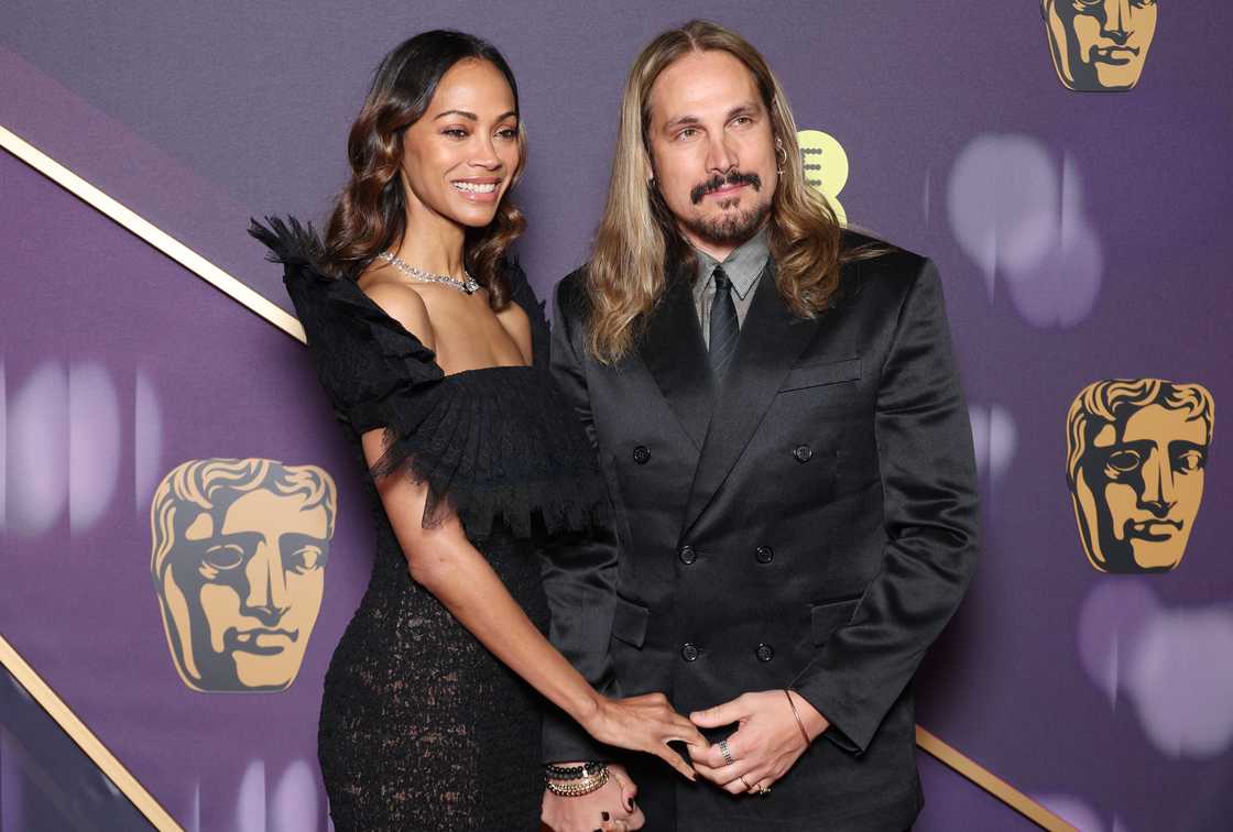 Saldaña and Perego arrive at the 2025 EE BAFTA Film Awards. Saldaña and Perego arrive at the 2025 EE BAFTA Film Awards.