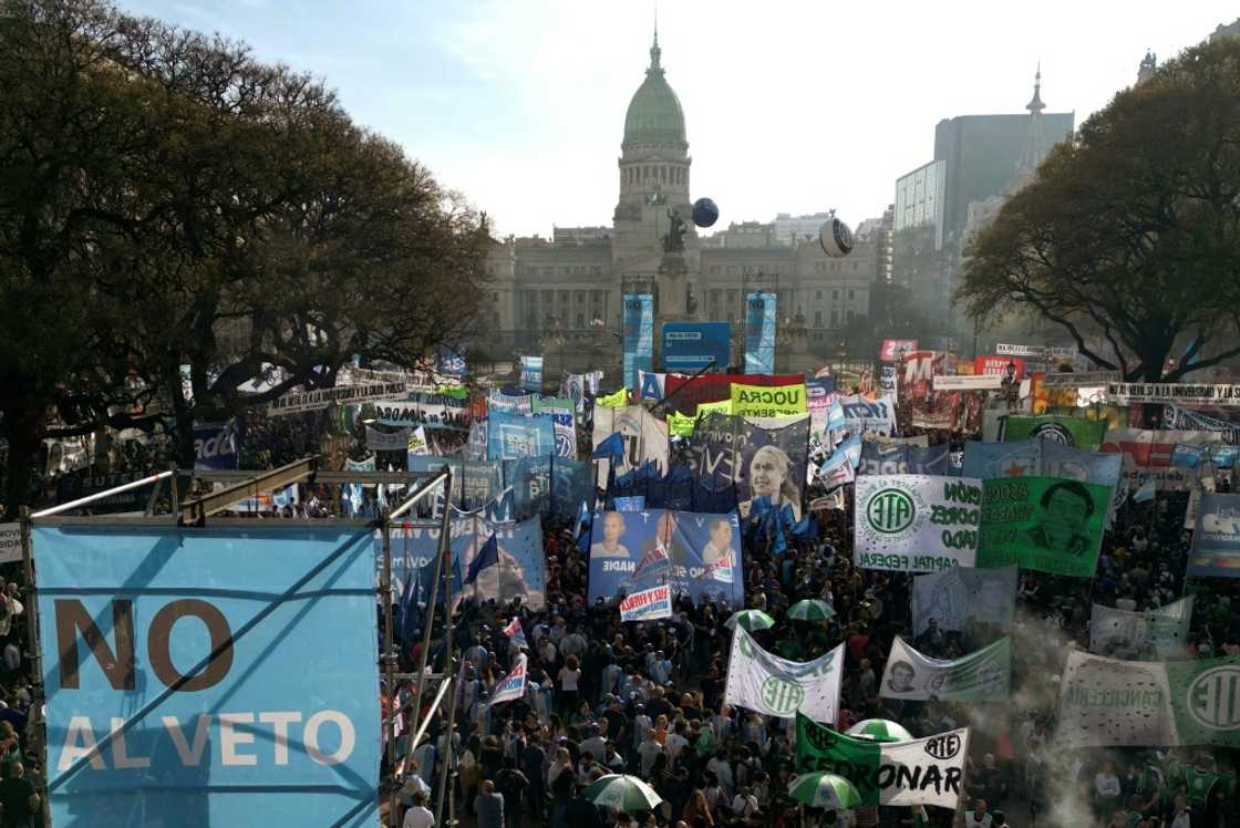 Thousands of Argentines demonstrated against President Javier Milei's vetoes of laws on funding for public universities and the country's biggest pediatric hospital
