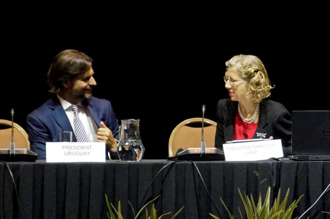 Uruguay's President Luis Lacalle Pou speaks with the Executive Director of the UN Environment Programme, Inger Andersen, at the opening of talks to establish a global plastics treaty Uruguay's President Luis Lacalle Pou speaks with the Executive Director of the UN Environment Programme, Inger Andersen, at the opening of talks to establish a global plastics treaty