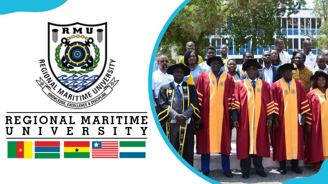 The Regional Maritime University logo and RMU staff in academic dresses
