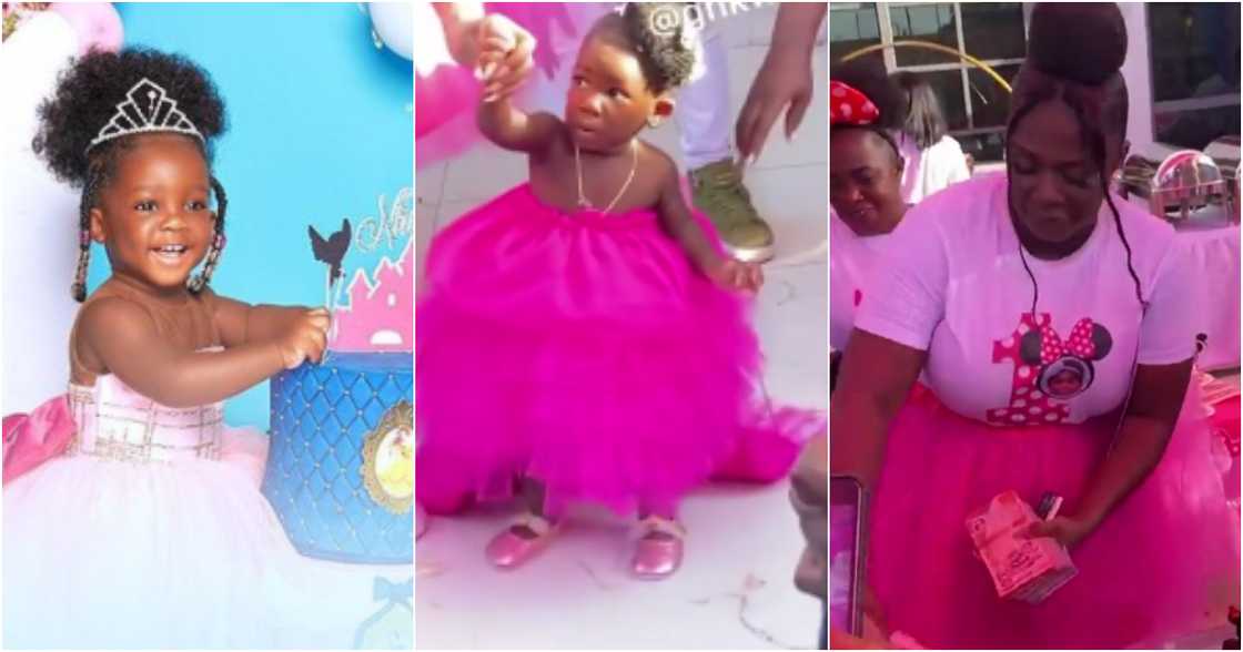 Tracey Boakye sprays wad of cash on daughter Nhyira at her 1 year b'day party in video