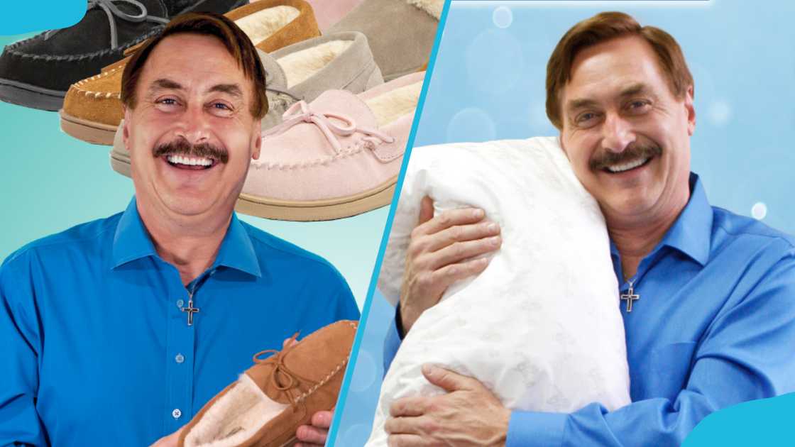 Mike Lindell holding a shoe and a pillow