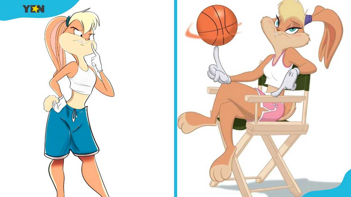 Lola Bunny striking a thoughtful pose (L) and spinning a basketball while sitting on a chair (R).