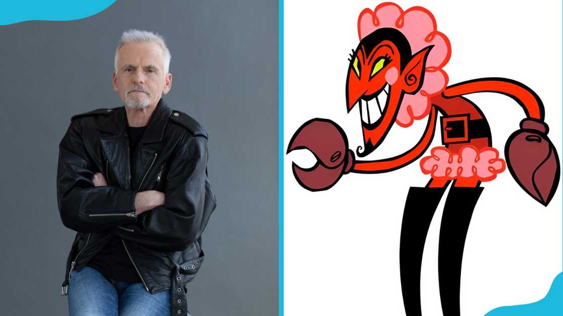 Rob Paulsen wearing a leather jacket, alongside his character Him from The Powerpuff Girls.