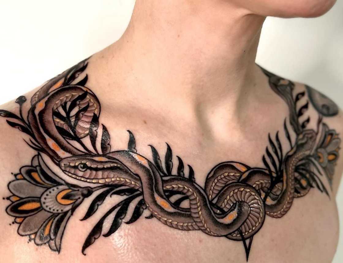 Plum flower and snake collarbone tattoo for women Plum flower and snake collarbone tattoo for women