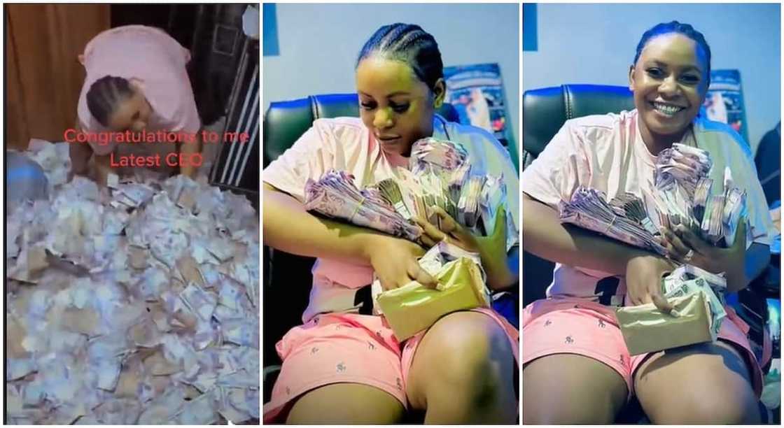 Photos of a Nigerian lady displaying bundles of Naira notes.