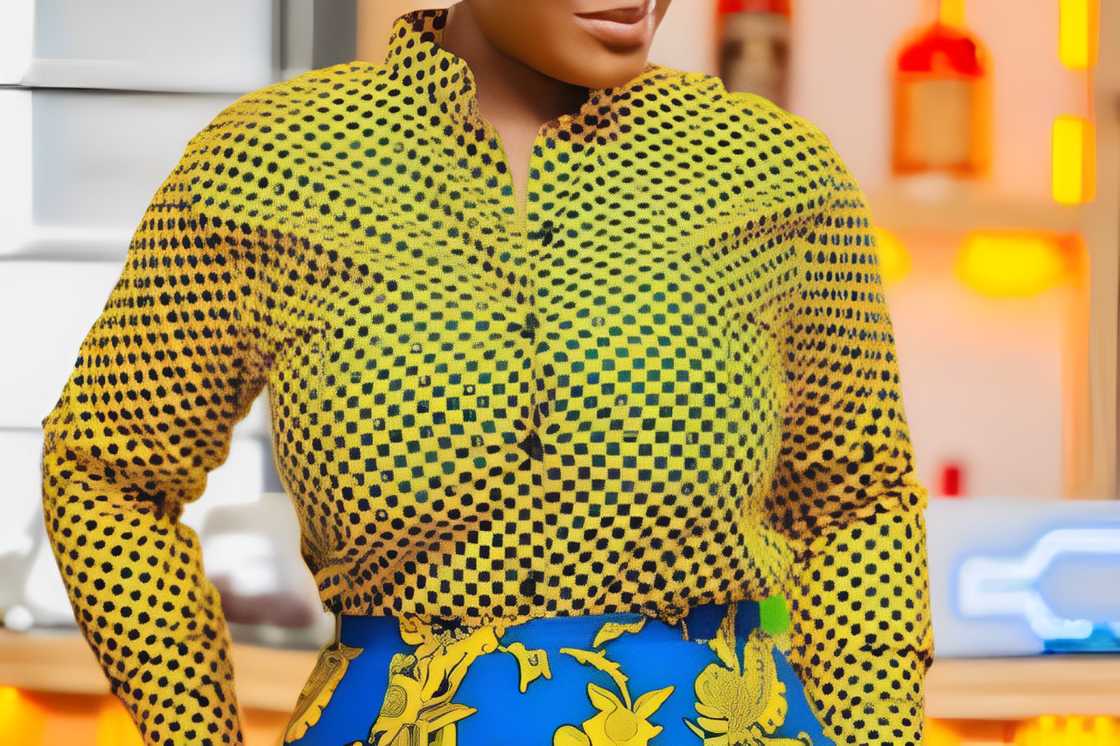 A lady is wearing a yellow and black top A lady is wearing a yellow and black top