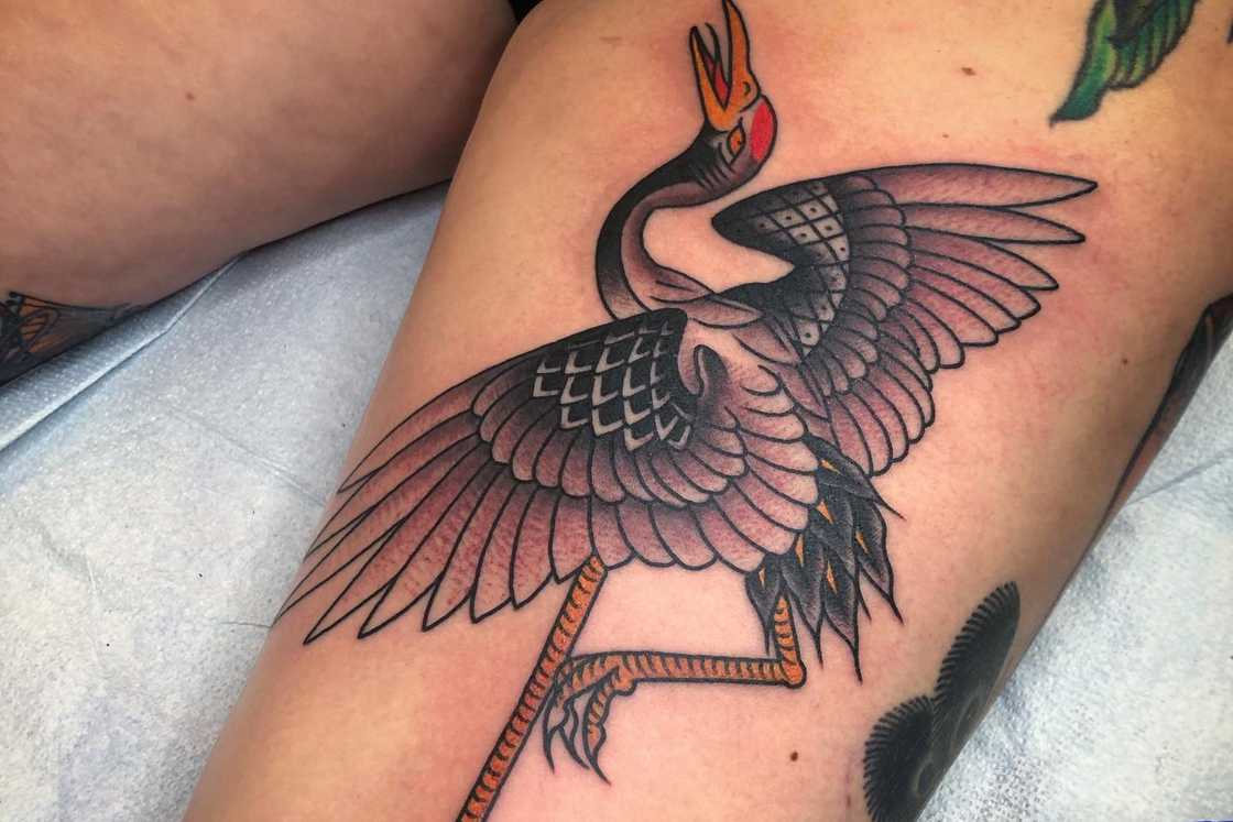 Upper thigh traditional Japanese crane tattoo Upper thigh traditional Japanese crane tattoo