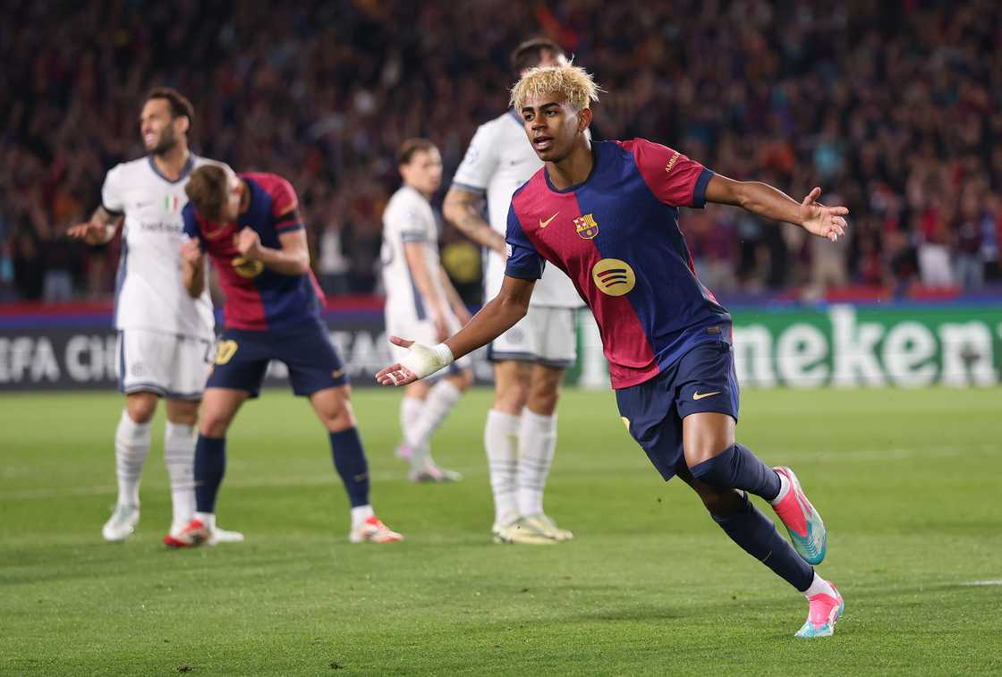 Lamine Yamal celebrates scoring his team's first goal during the UEFA Champions League 2024/25 Semi Final First Leg match between FC Barcelona and FC Internazionale Milano at Estadi Olimpic Lluis Companys on April 30, 2025 in Barcelona, Spain Lamine Yamal celebrates scoring his team's first goal during the UEFA Champions League 2024/25 Semi Final First Leg match between FC Barcelona and FC Internazionale Milano at Estadi Olimpic Lluis Companys on April 30, 2025 in Barcelona, Spain