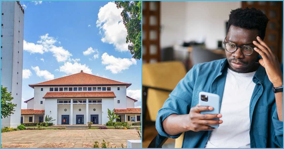 Photo of University of Ghana and an unahppy young man Photo of University of Ghana and an unahppy young man