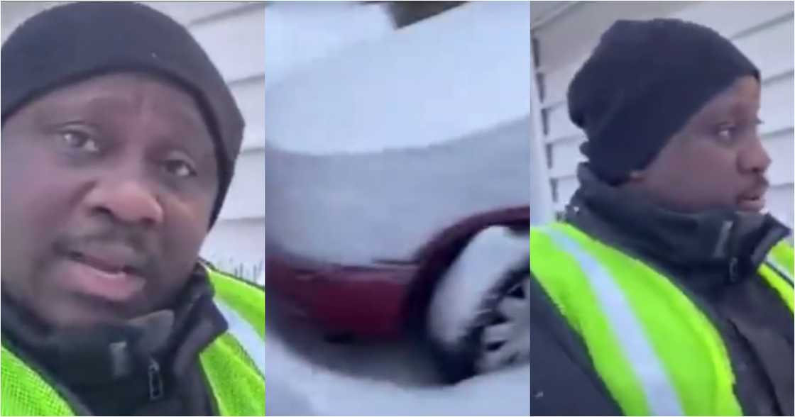 Dwefon snow nkoa: Ghanaian condemns misuse of money sent home as he struggles through snow to work Dwefon snow nkoa: Ghanaian condemns misuse of money sent home as he struggles through snow to work