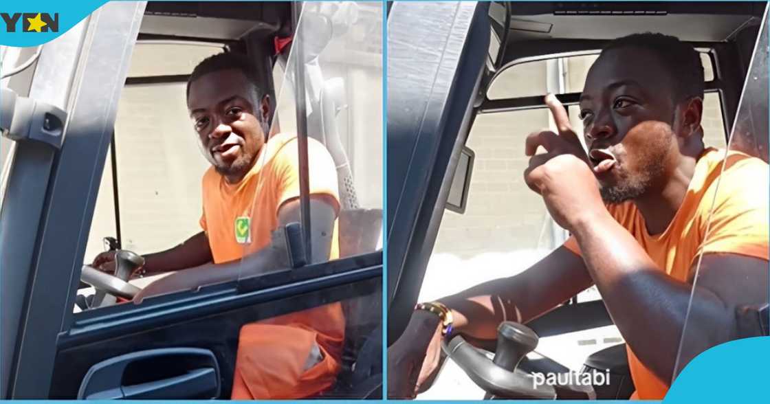 Photo of a Ghanaian forklift driver speaking in a trending video about his work in Italy. Photo of a Ghanaian forklift driver speaking in a trending video about his work in Italy.