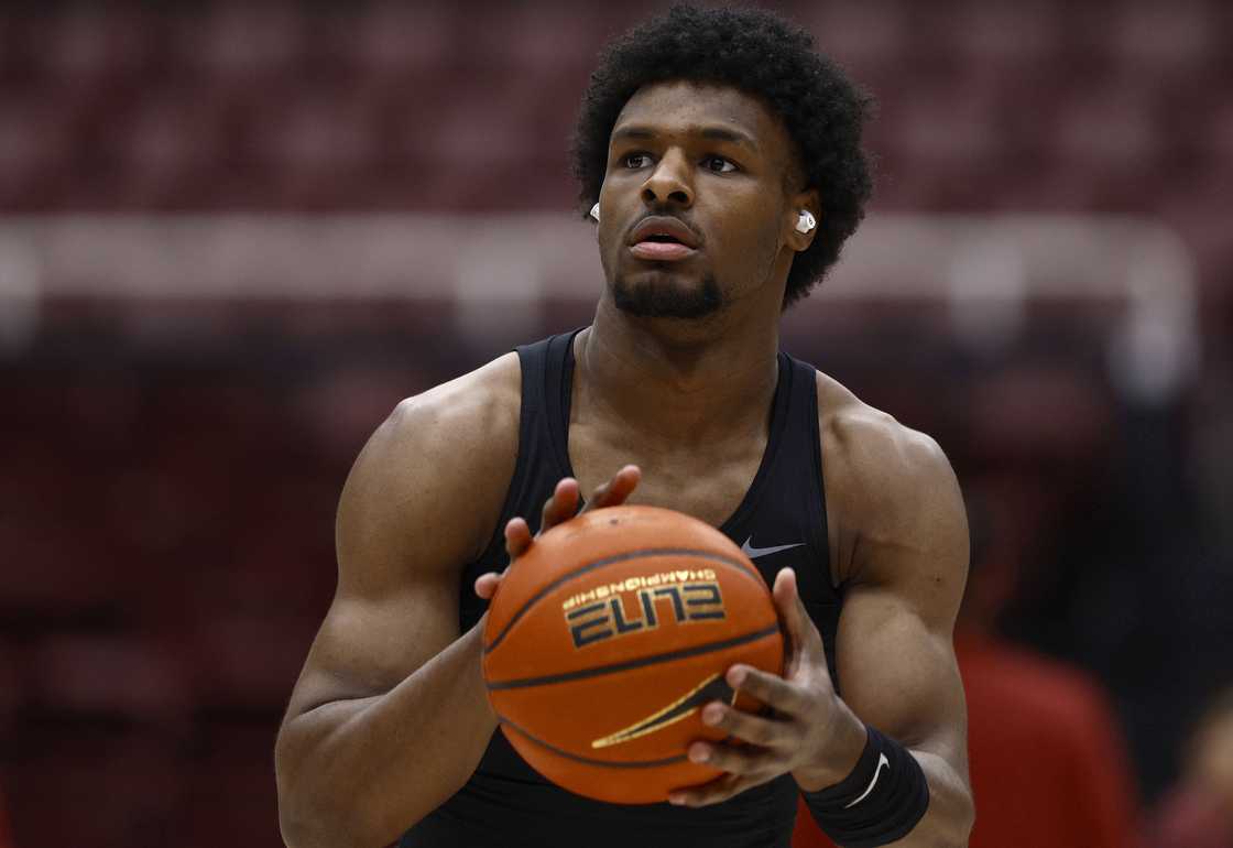 Bronny James warms up before before a game in Palo Alto, California